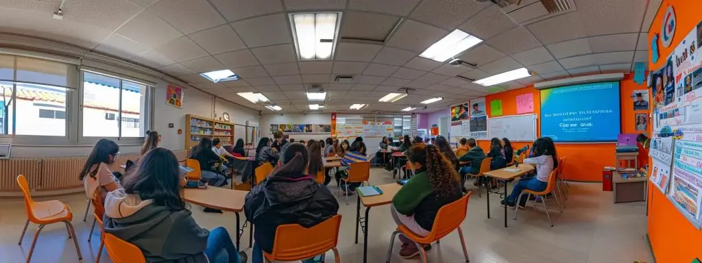 a vibrant classroom filled with eager learners immersed in colorful interactive spanish resources, exuding a contagious enthusiasm for language discovery.