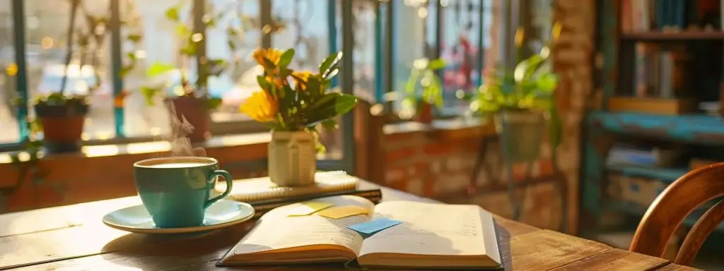 a cozy coffee shop table adorned with an open spanish textbook, vibrant sticky notes, and a steaming cup of coffee, invitingly suggesting an easy, engaging learning experience.