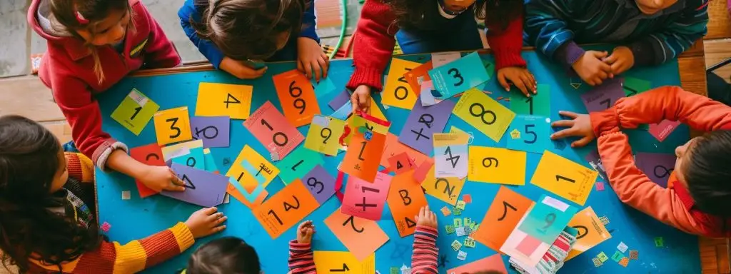 a vibrant table covered with colorful spanish number flashcards, surrounded by cheerful, eager learners eagerly pointing at the cards.