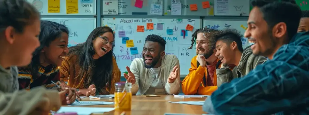a lively spanish conversation class brimming with diverse students, each wearing exaggerated expressions of determination and joy, as their enthusiastic teacher passionately gestures beside a vibrant whiteboard filled with quirky phrases, encapsulating the fun and warmth of language learning.