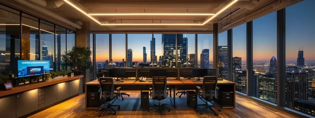a sleek, modern office space featuring a panoramic city skyline view, illuminated by the warm glow of stylish desk lamps, conveying a sense of innovation and professionalism.