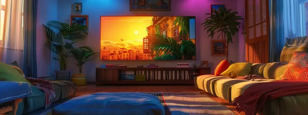 a vibrant, cozy living room features a large tv streaming a popular spanish-language series, surrounded by colorful cushions and a glowing ambiance, setting the perfect scene for immersive language learning.