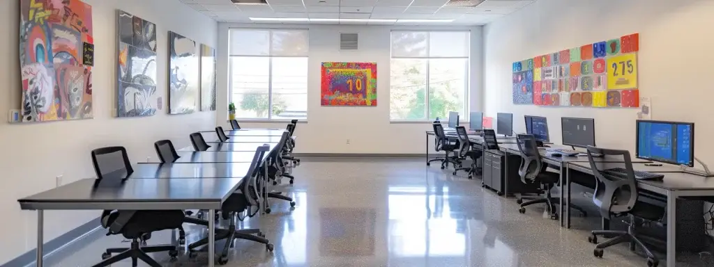 a vibrant, modern office space features a sleek, multilingual workspace with a clear focus on spanish language materials set against a backdrop of stylish decor and technological elements, conveying a dynamic atmosphere of cultural exchange and learning.