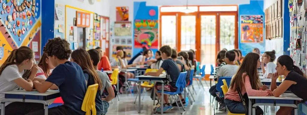 a vibrant classroom filled with eager learners passionately engaging in a lively spanish conversation, surrounded by colorful posters of spanish culture.