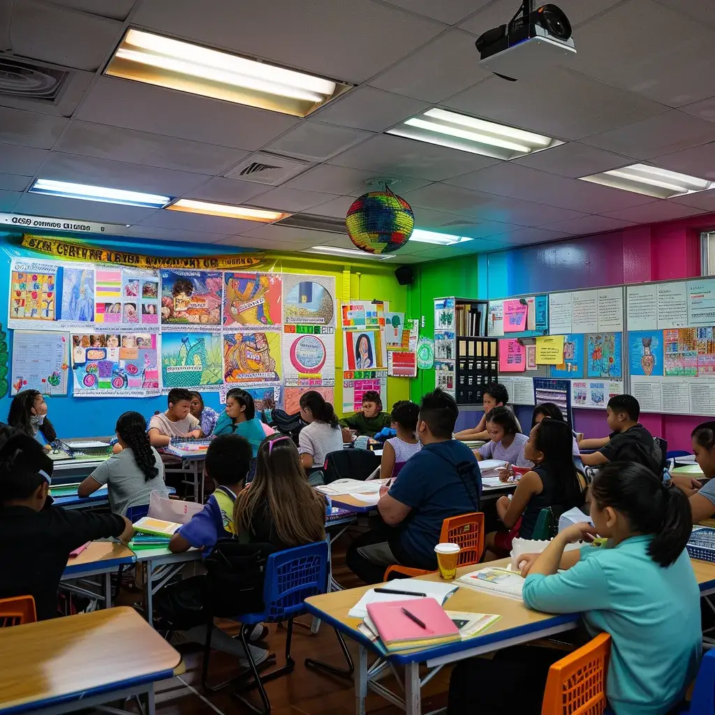 a vibrant classroom setting filled with diverse learners engaging enthusiastically in a dynamic spanish language lesson, illuminated by bright overhead lights and adorned with colorful educational posters.