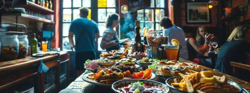 a vibrant and bustling madrid restaurant interior showcases elegantly plated spanish dishes, with colorful tapas spread across a rustic wooden table, surrounded by lively patrons enjoying the warm ambiance.