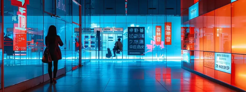 a brightly lit, modern office environment features a focused individual engaged in a conversation, surrounded by multilingual signage reflecting the theme of linguistic diversity and communication barriers.