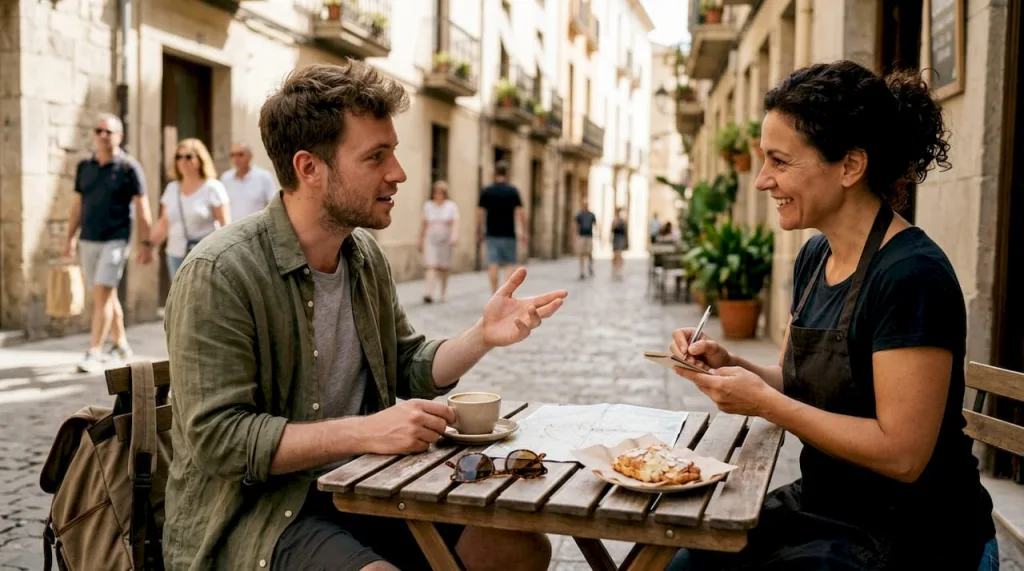 Traveler speaking Spanish at a café table in Spain