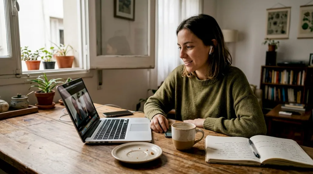 Woman practicing Spanish at kitchen table