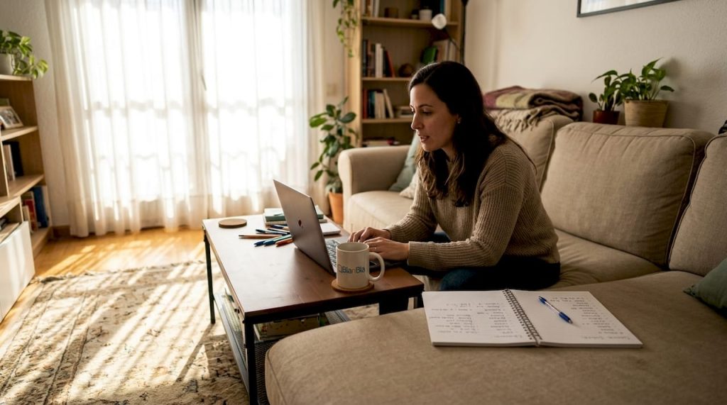 Woman practicing Spanish lesson on laptop